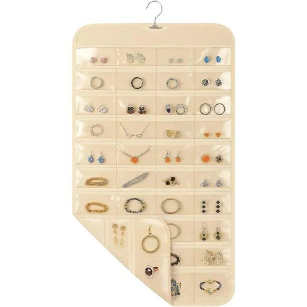 Hanging Jewelry Organizer Closet Storage with 80 Clear Pockets Earrings Necklace